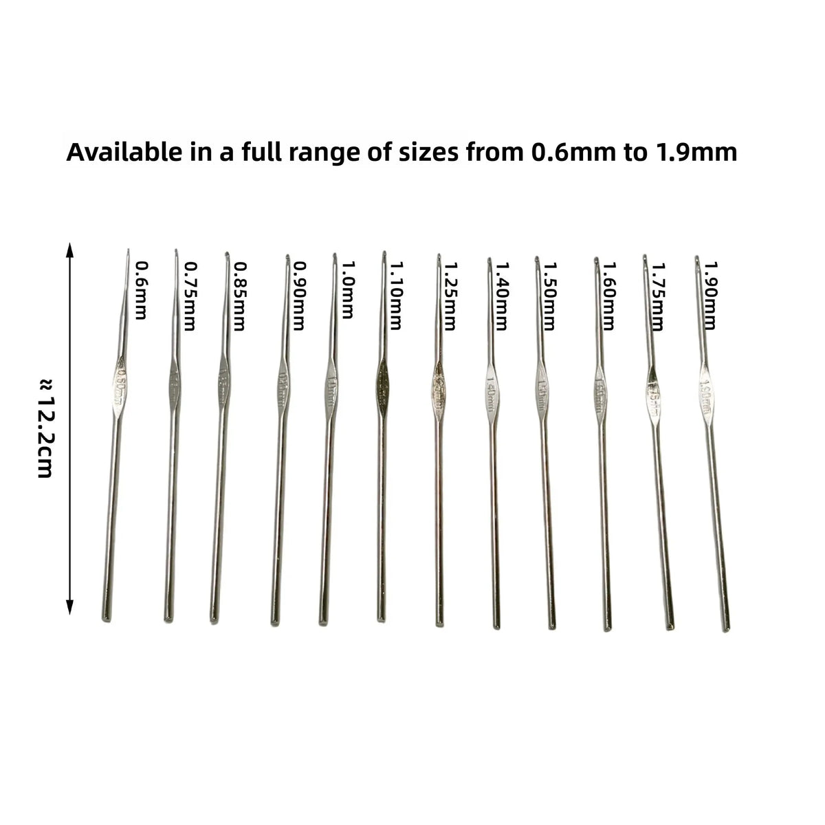 Supplier detail photo of the fine metal crochet hooks, with sizes labeled from 0.6 mm to 1.9 mm.