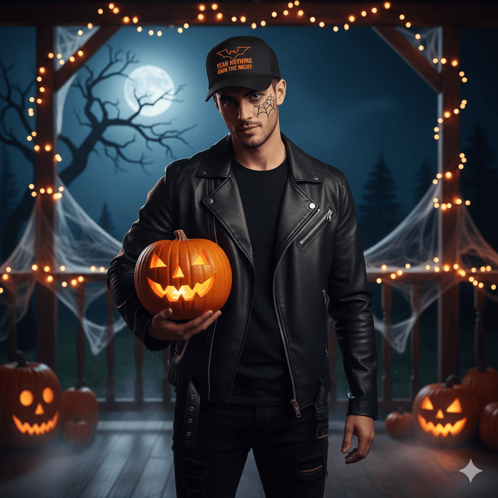 Black snapback cap with metallic pumpkin-orange gothic text Fear Nothing, TheCapTribe™ limited edition.
Man in black leather jacket and cap holding a carved pumpkin with Halloween decorations in the background.