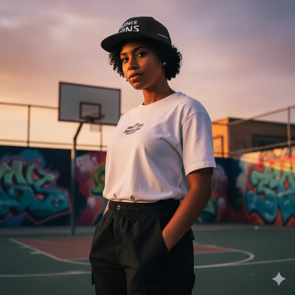 Lifestyle shot: urban model wearing TheCapTribe™ Silence Wins snapback hat.