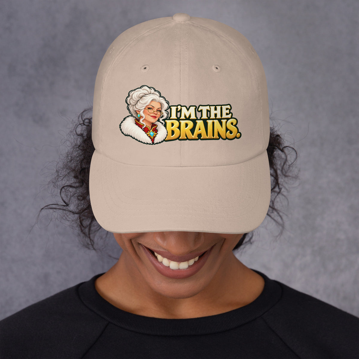 Woman wearing a Stone Yupoong 6245CM dad hat with Mrs. Claus and I&