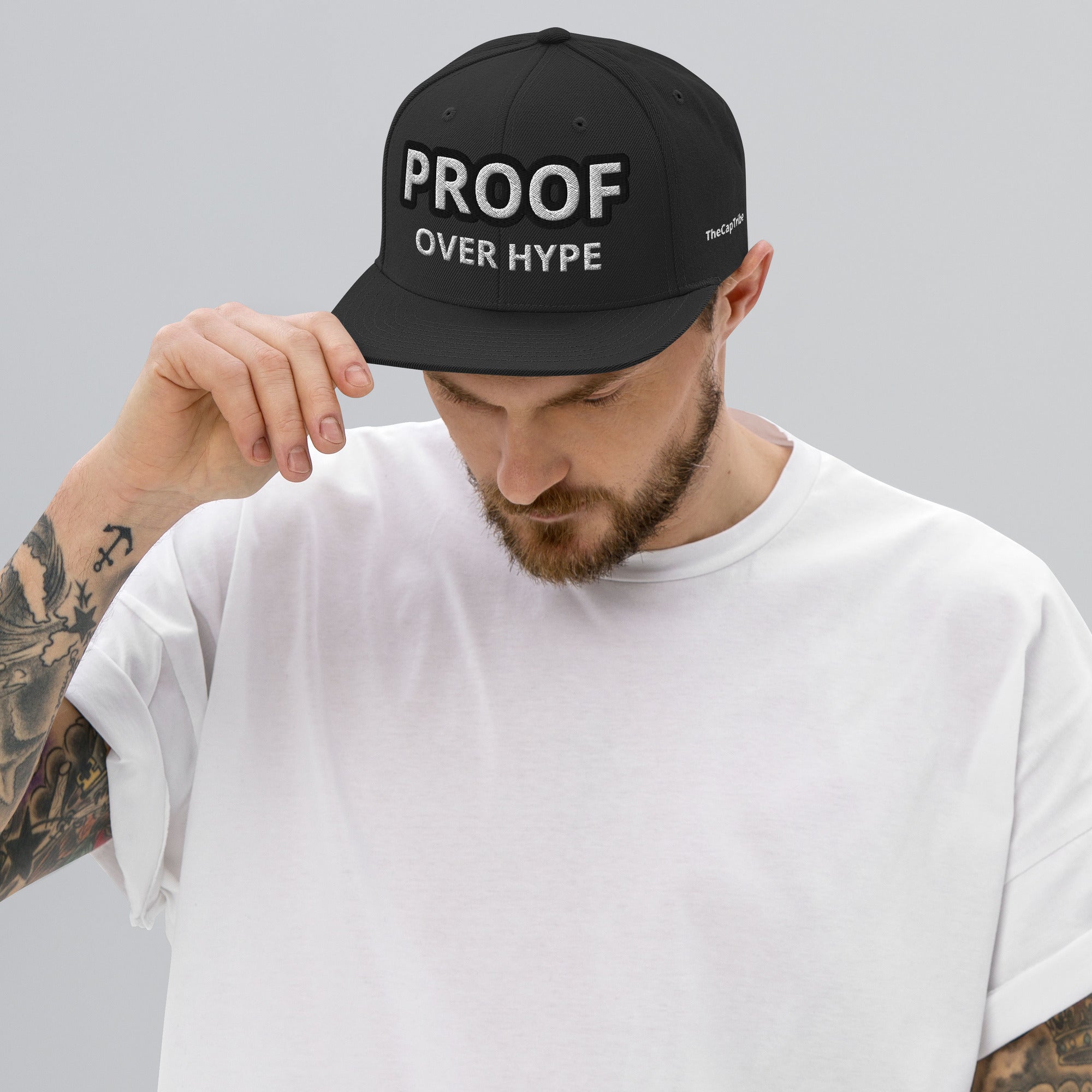 Proof Over Hype snapback hat black front view by TheCapTribe