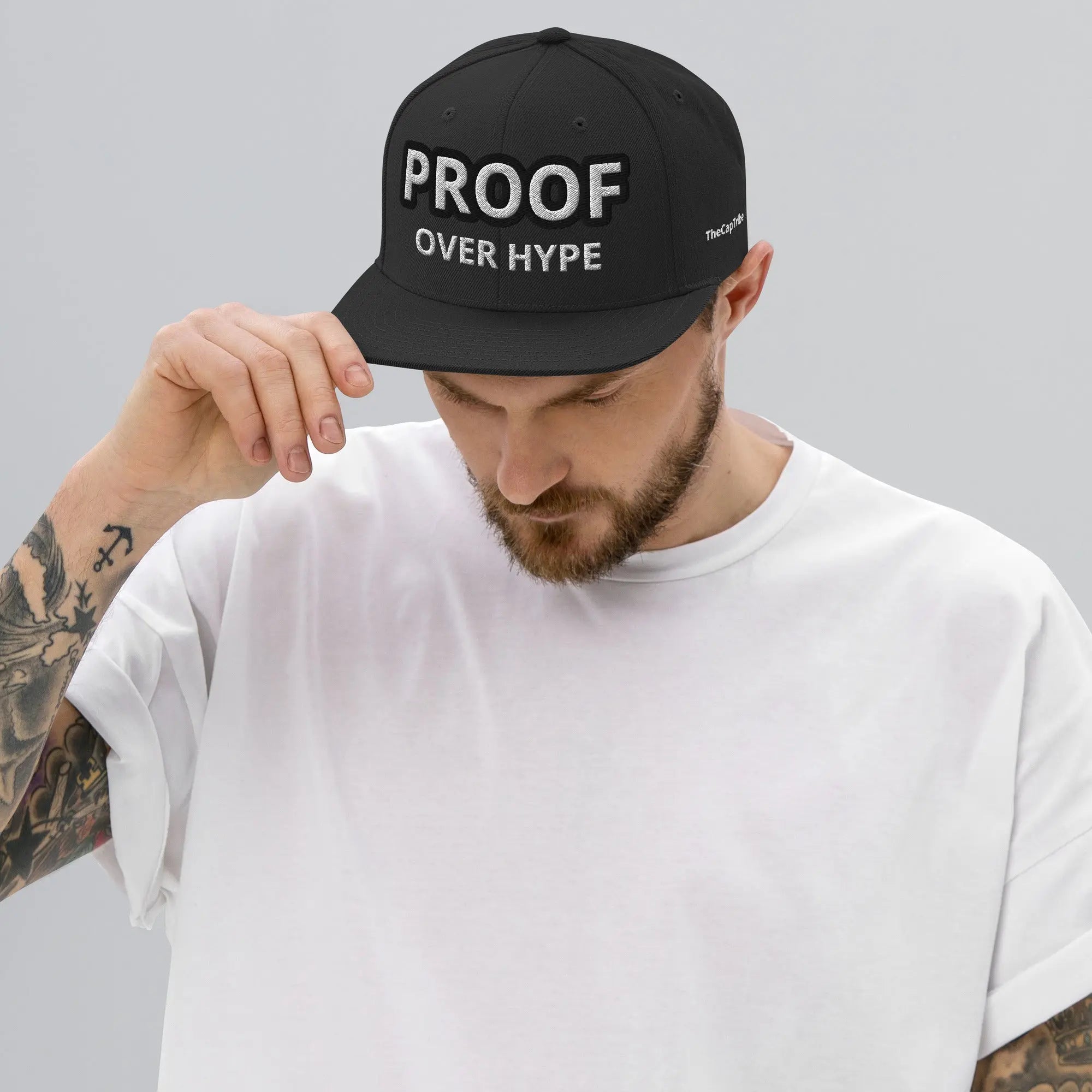 Proof Over Hype snapback hat black front view by TheCapTribe