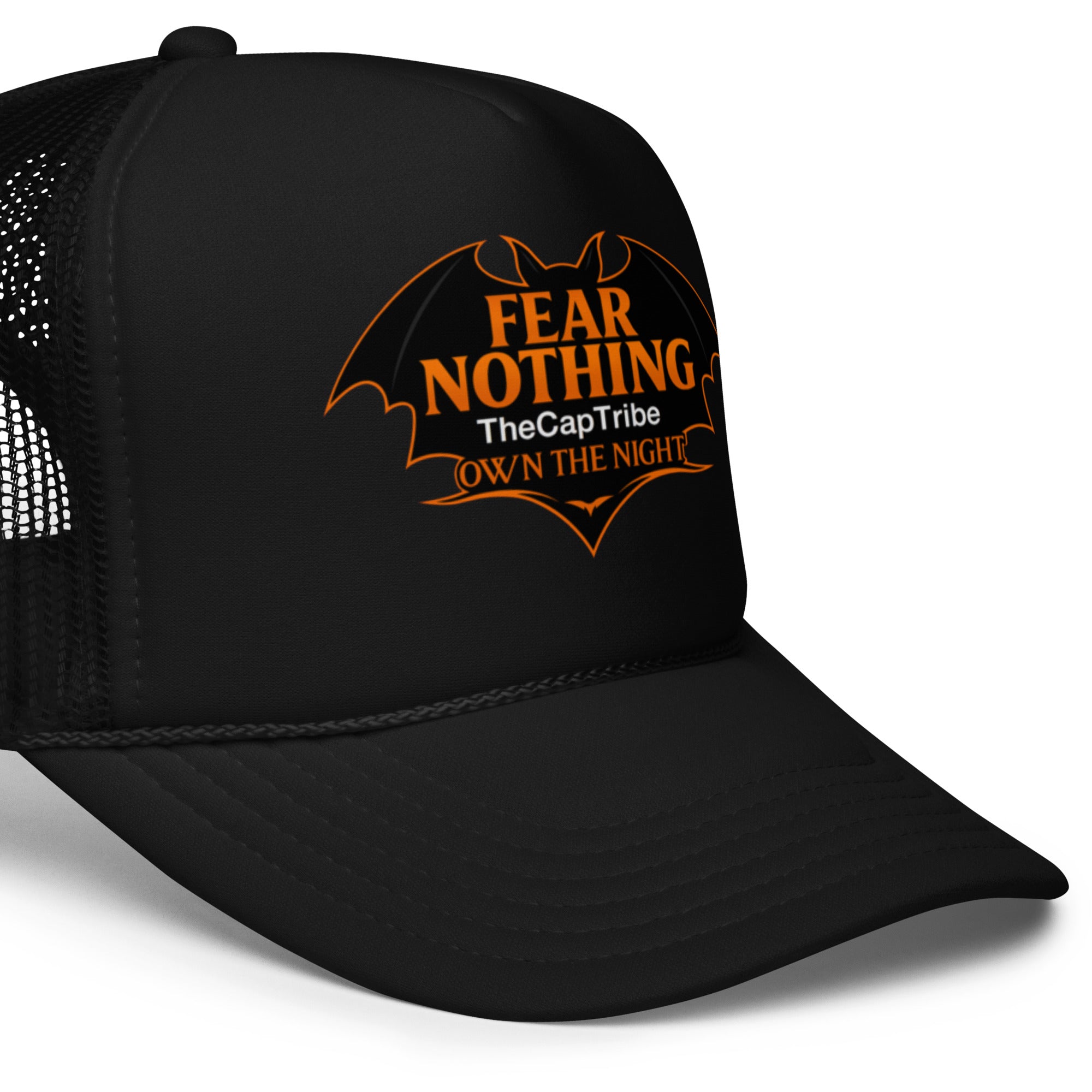 Black snapback cap with metallic pumpkin-orange gothic text Fear Nothing, TheCapTribe™ limited edition.