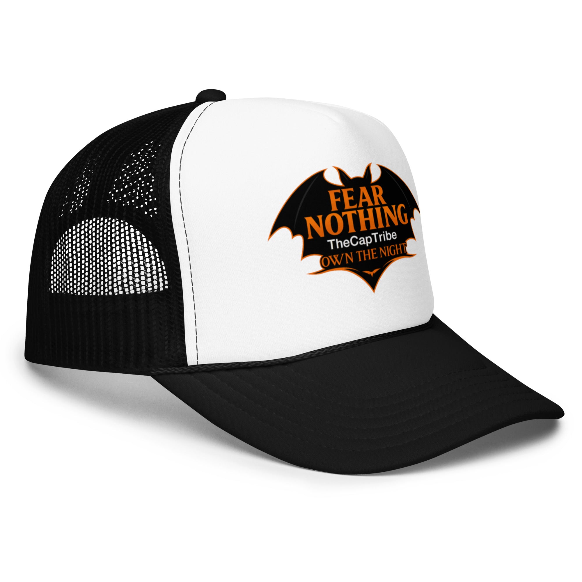 Black snapback cap with metallic pumpkin-orange gothic text Fear Nothing, TheCapTribe™ limited edition.