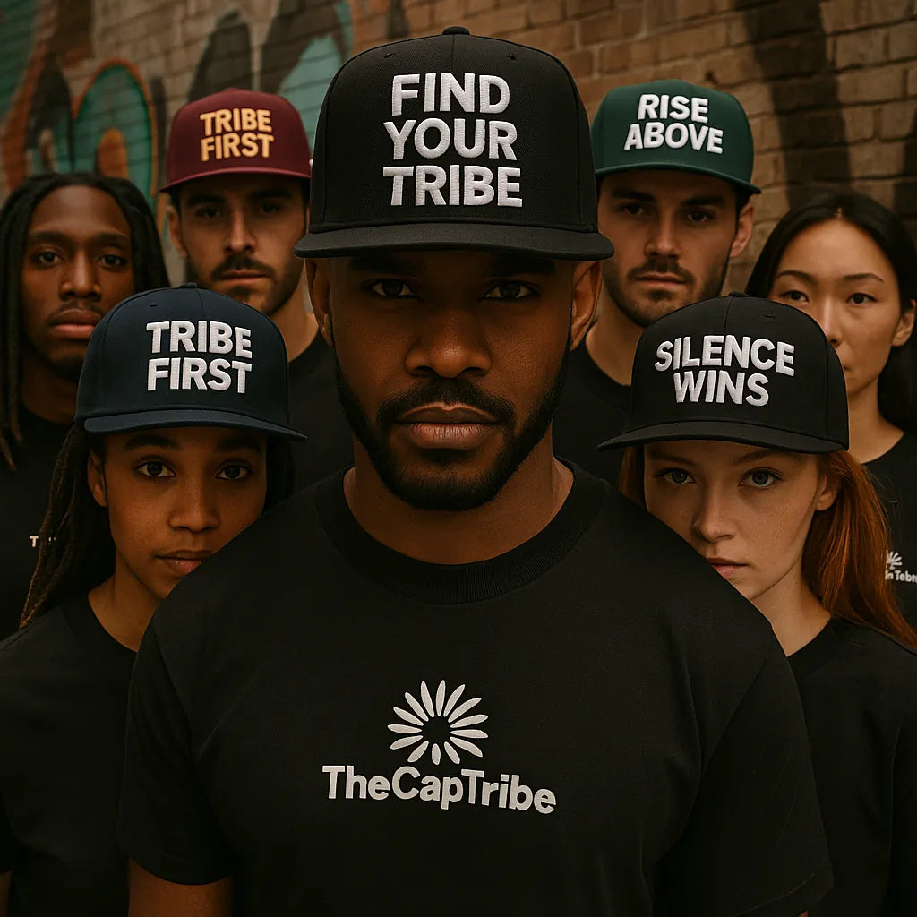 A diverse group of people wearing TheCapTribe caps with powerful statements like "Find Your Tribe," "Rise Above," "Silence Wins," and "Tribe First," standing together as a united movement.