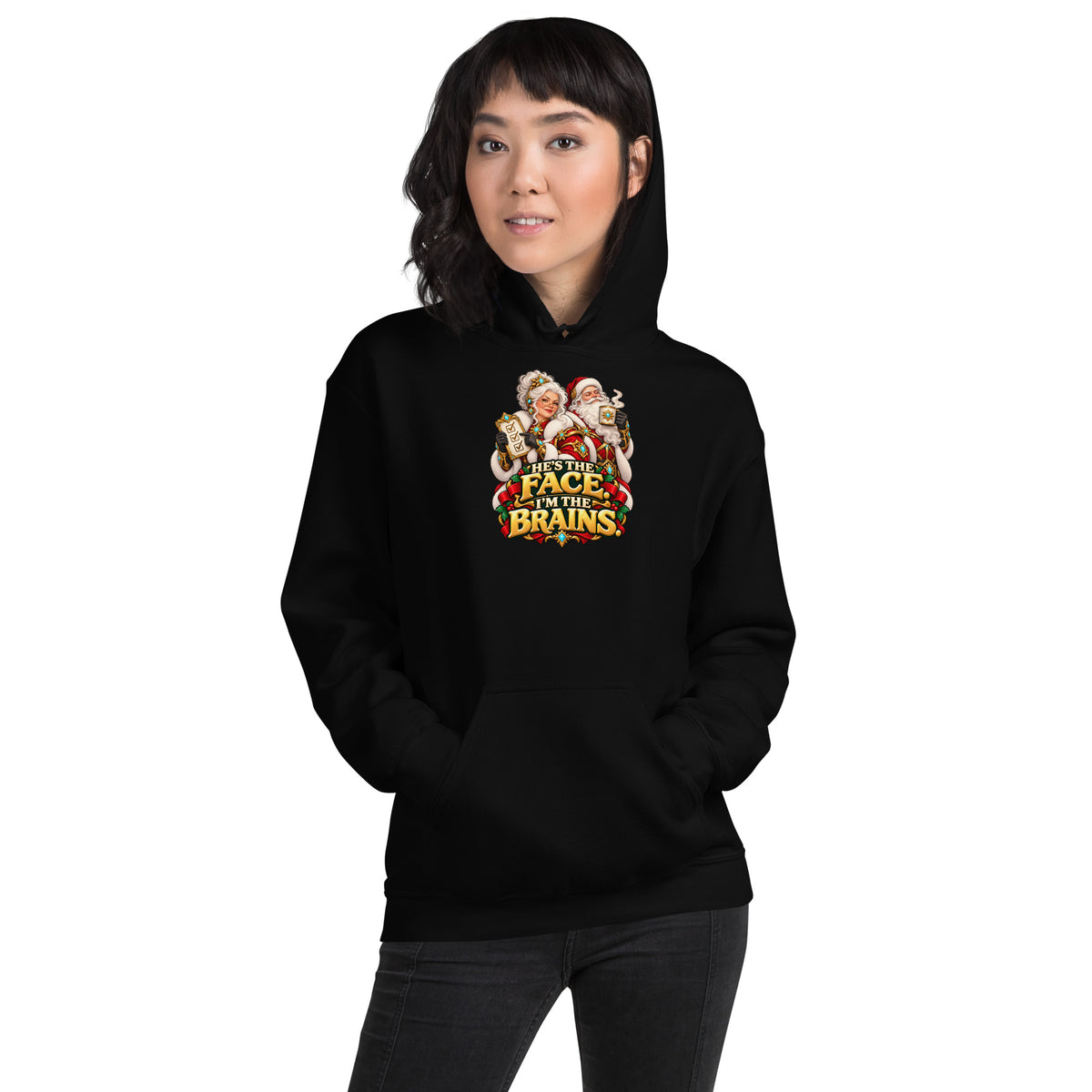 Woman wearing a Black Gildan 18500 hoodie with Mrs. Claus, Santa and HE&