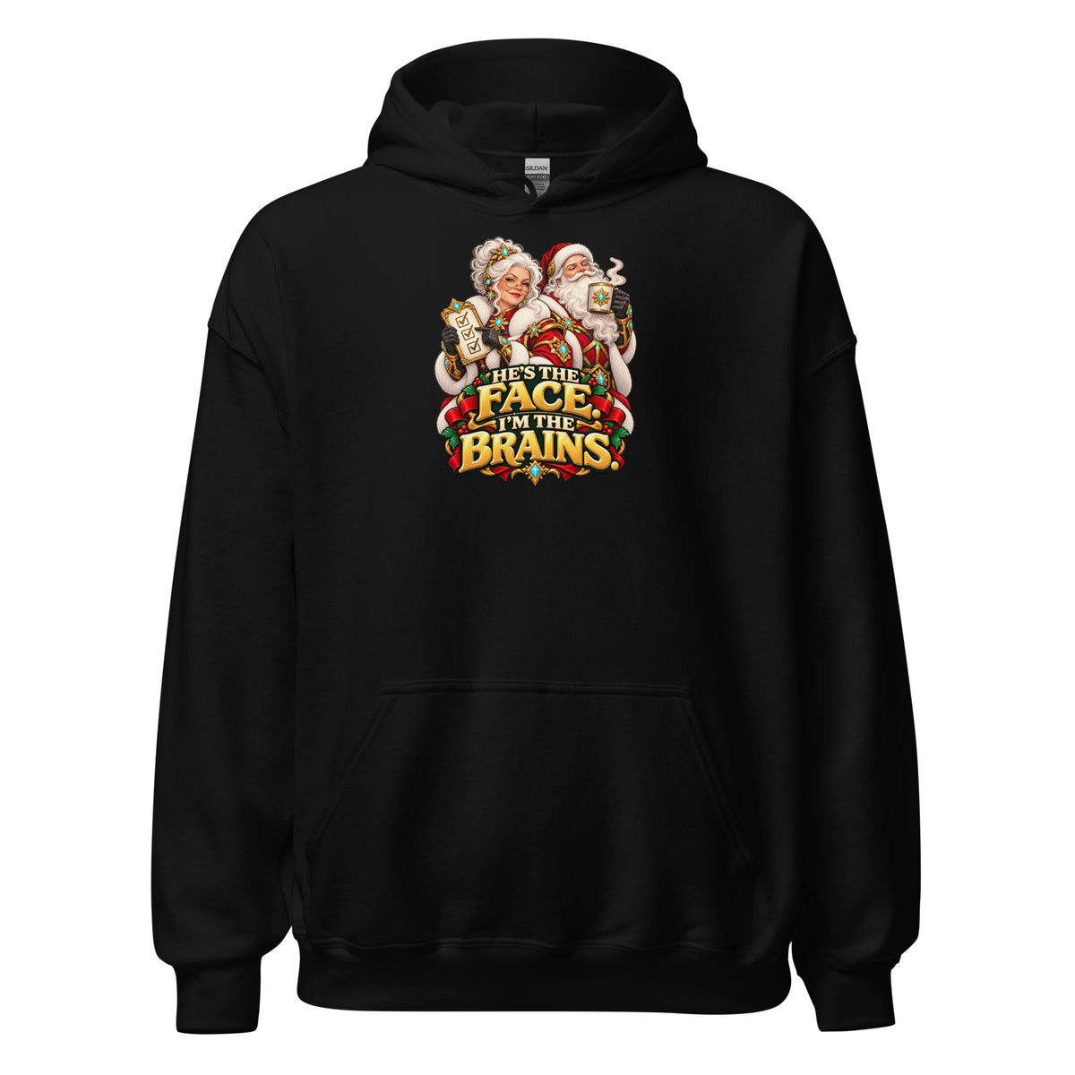 Black Gildan 18500 hoodie, front view, with Mrs. Claus, Santa and HE&