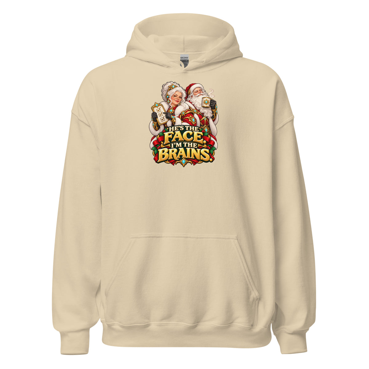 Sand Gildan 18500 hoodie, front view, with Mrs. Claus, Santa and HE&