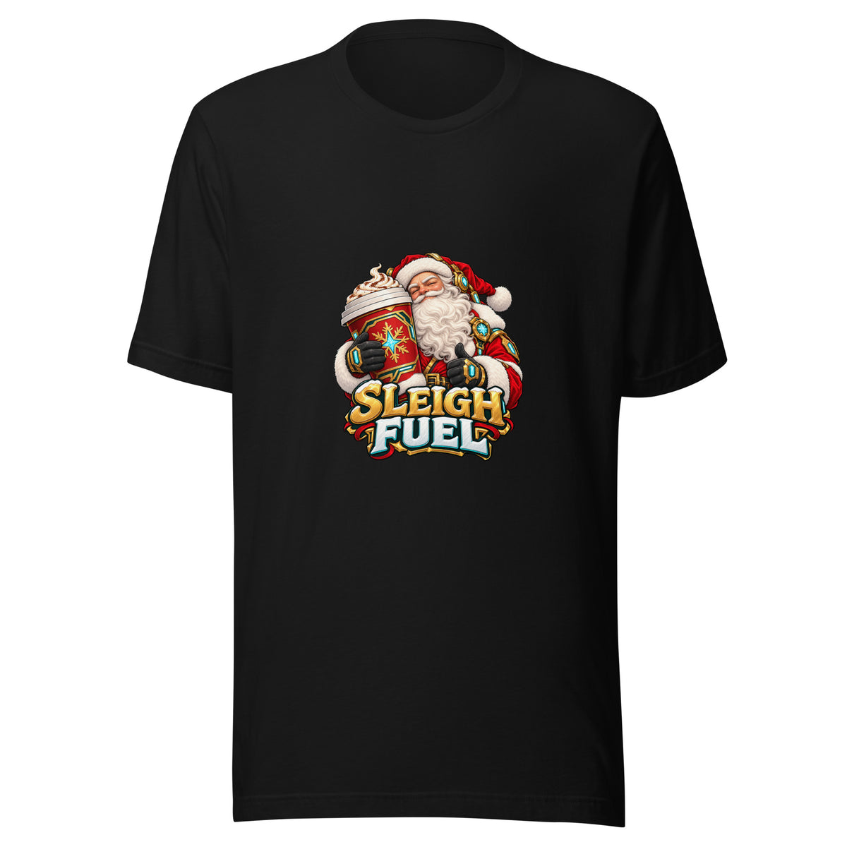 Front view of the black Bella+Canvas 3001 tee with the SLEIGH FUEL Santa coffee artwork printed on the chest.