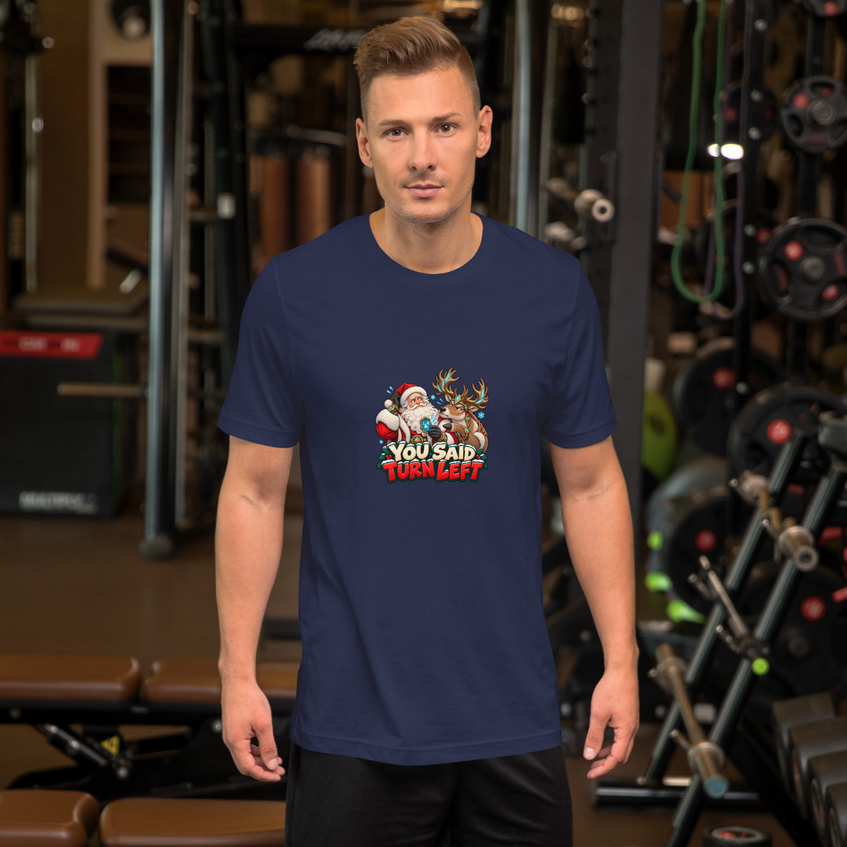 Front view of the navy Bella + Canvas 3001 T-shirt featuring the “You Said Turn Left” Santa and reindeer design.