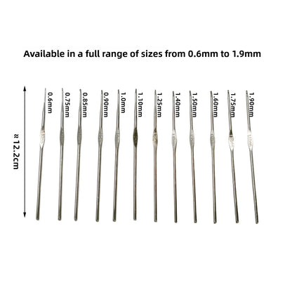 Supplier detail photo of the fine metal crochet hooks, with sizes labeled from 0.6 mm to 1.9 mm.