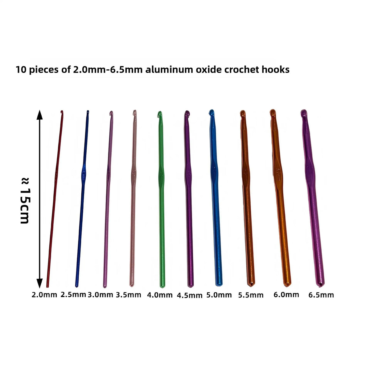 Supplier detail photo of colored crochet hooks, with sizes labeled from 2.0 mm to 6.5 mm.