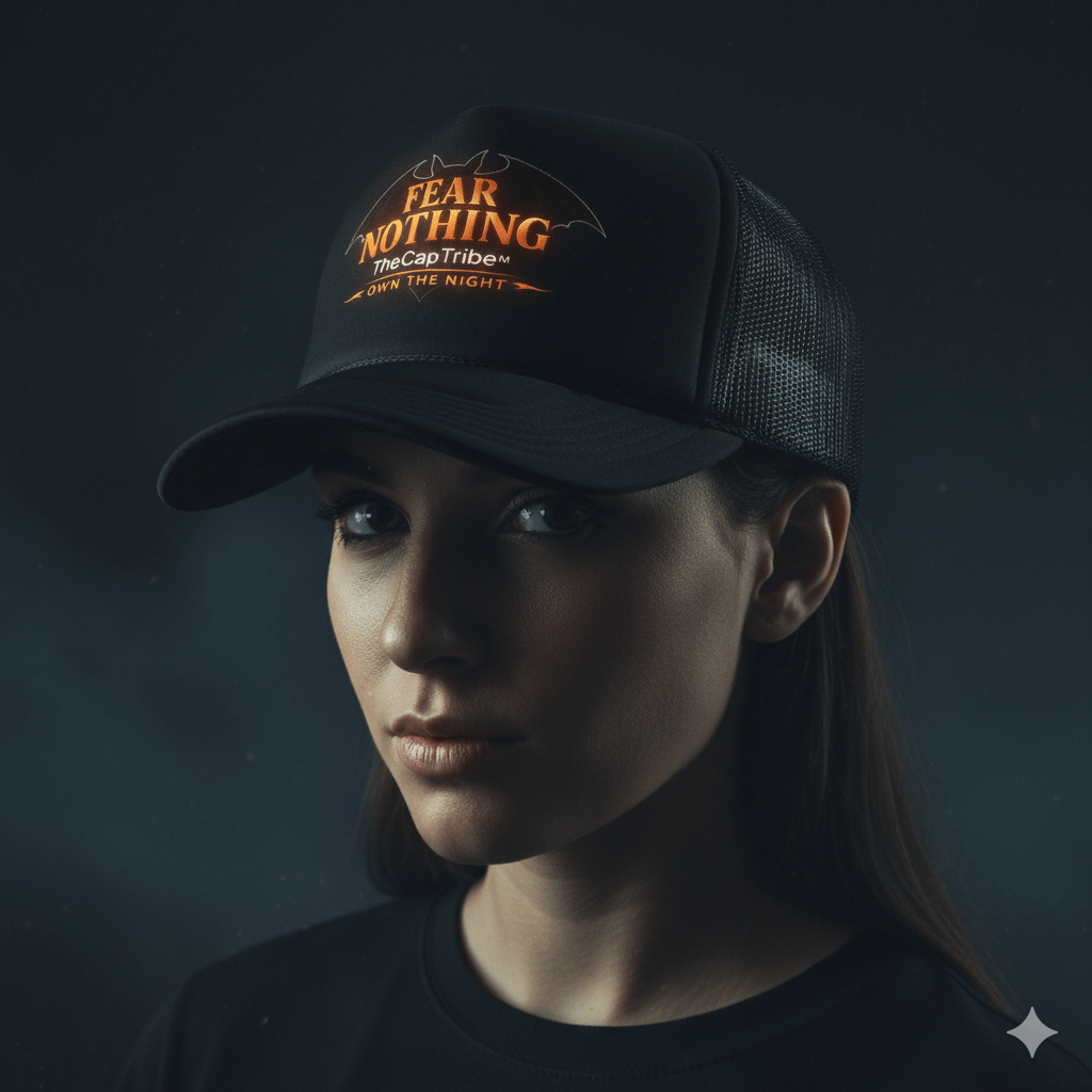 Black snapback cap with metallic pumpkin-orange gothic text Fear Nothing, TheCapTribe™ limited edition.
Person wearing a black cap with 'Fear Nothing' text against a dark background