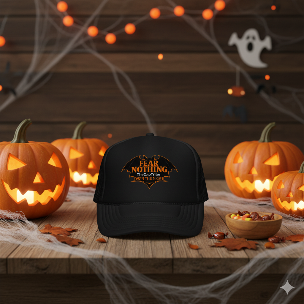 FEAR NOTHING | OWN THE NIGHT snapback hat by TheCapTribe™ — premium Halloween streetwear design.
Black cap with text on a Halloween-themed table with pumpkins and candy.