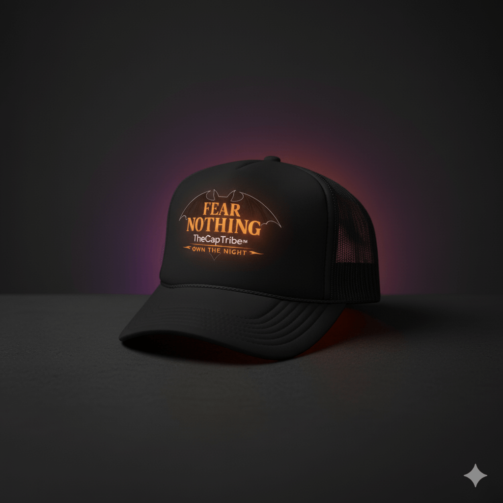 Black snapback cap with metallic pumpkin-orange gothic text Fear Nothing, TheCapTribe™ limited edition.
Black cap with 'Fear Nothing' text on a dark background