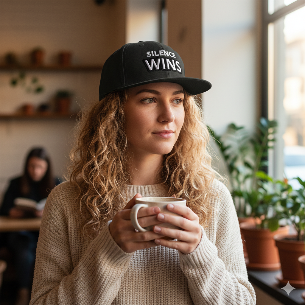 Streetwear product photo of black snapback with Silence Wins lettering.