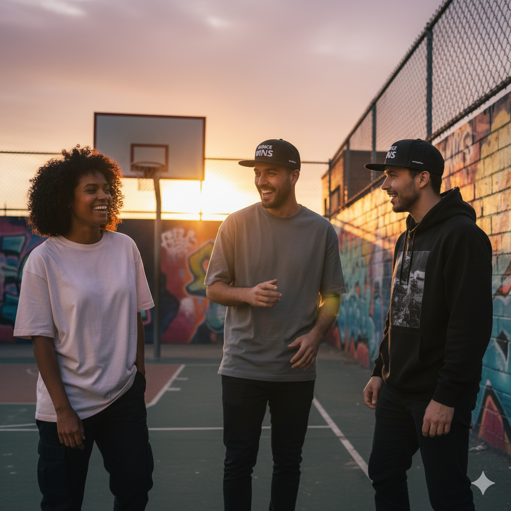 Lifestyle shot: urban model group wearing TheCapTribe™ Silence Wins snapback hat.