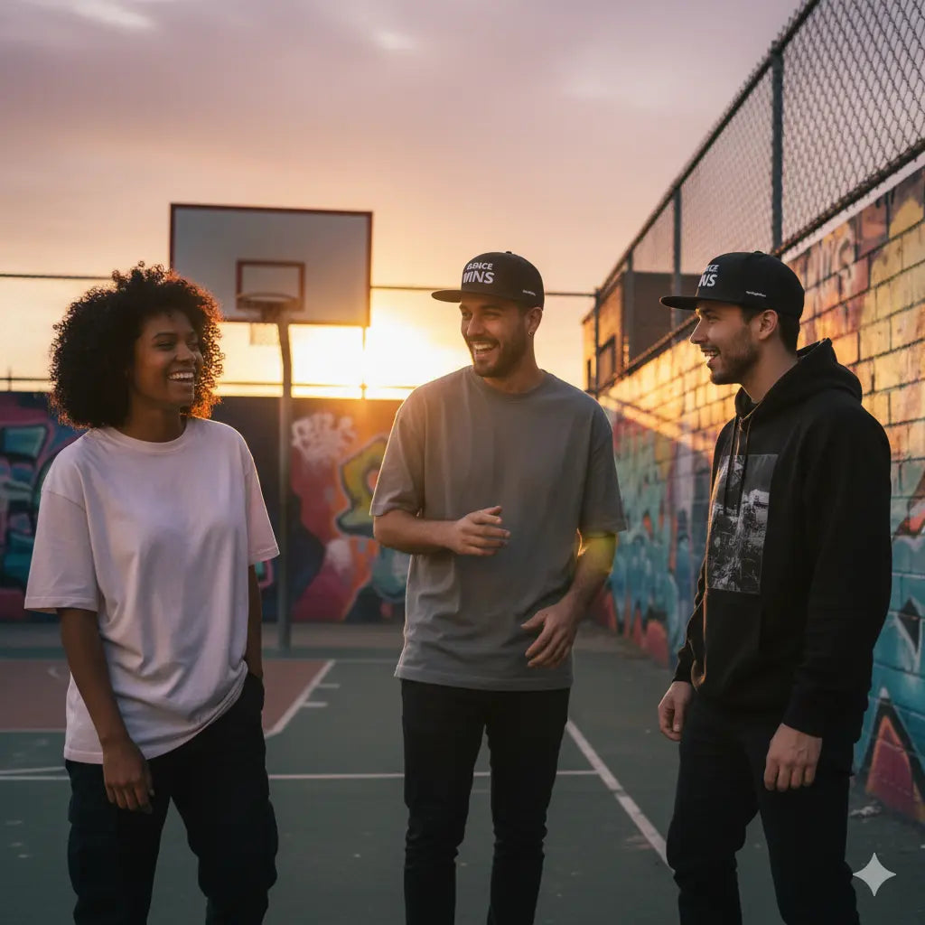 Lifestyle shot: urban model group wearing TheCapTribe™ Silence Wins snapback hat.