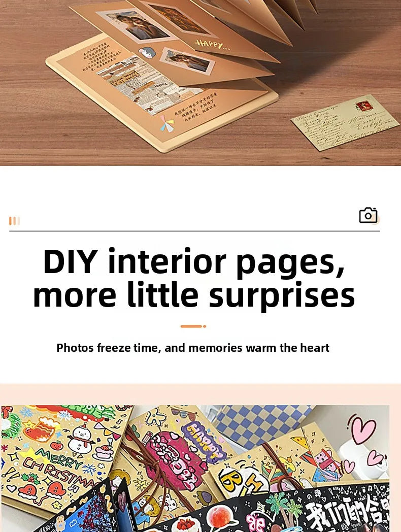 Supplier example of an accordion album opened and personalized with photos and decorations. Album is sold blank; decorative materials are not included.