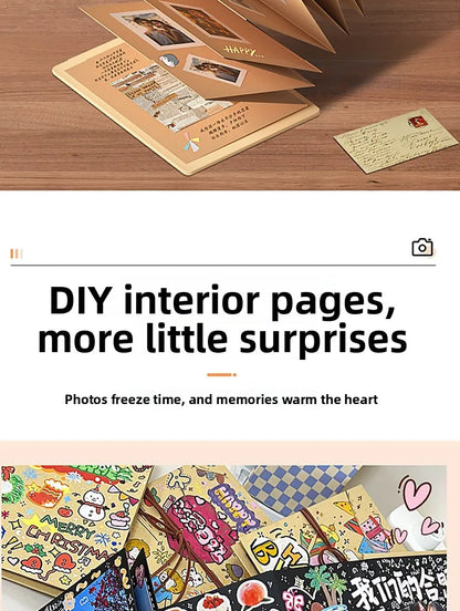Supplier example of an accordion album opened and personalized with photos and decorations. Album is sold blank; decorative materials are not included.