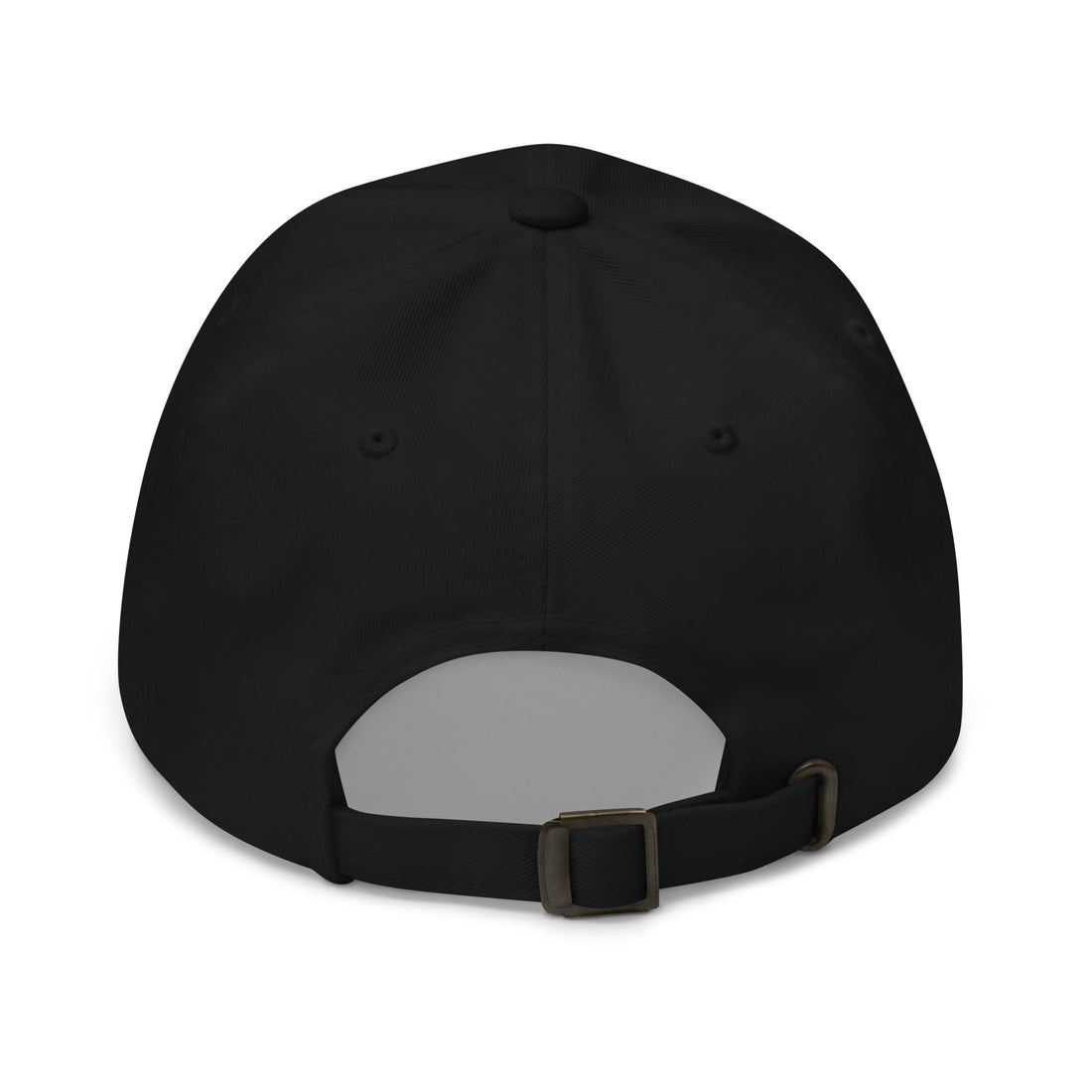 Back view of the black Yupoong dad hat, showing the adjustable strap and blank back.