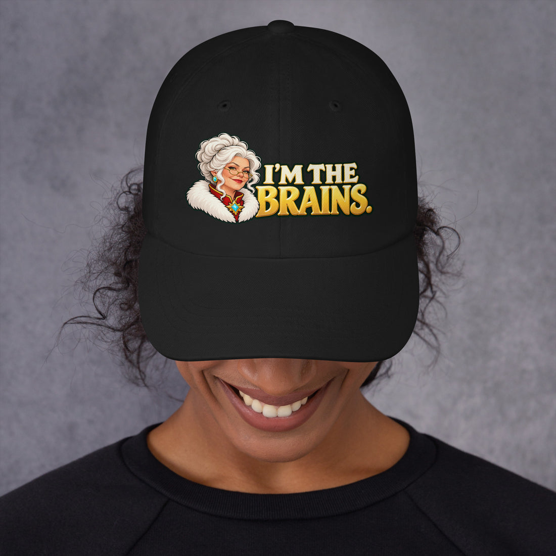 Woman wearing a Black Yupoong 6245CM dad hat with Mrs. Claus and I&
