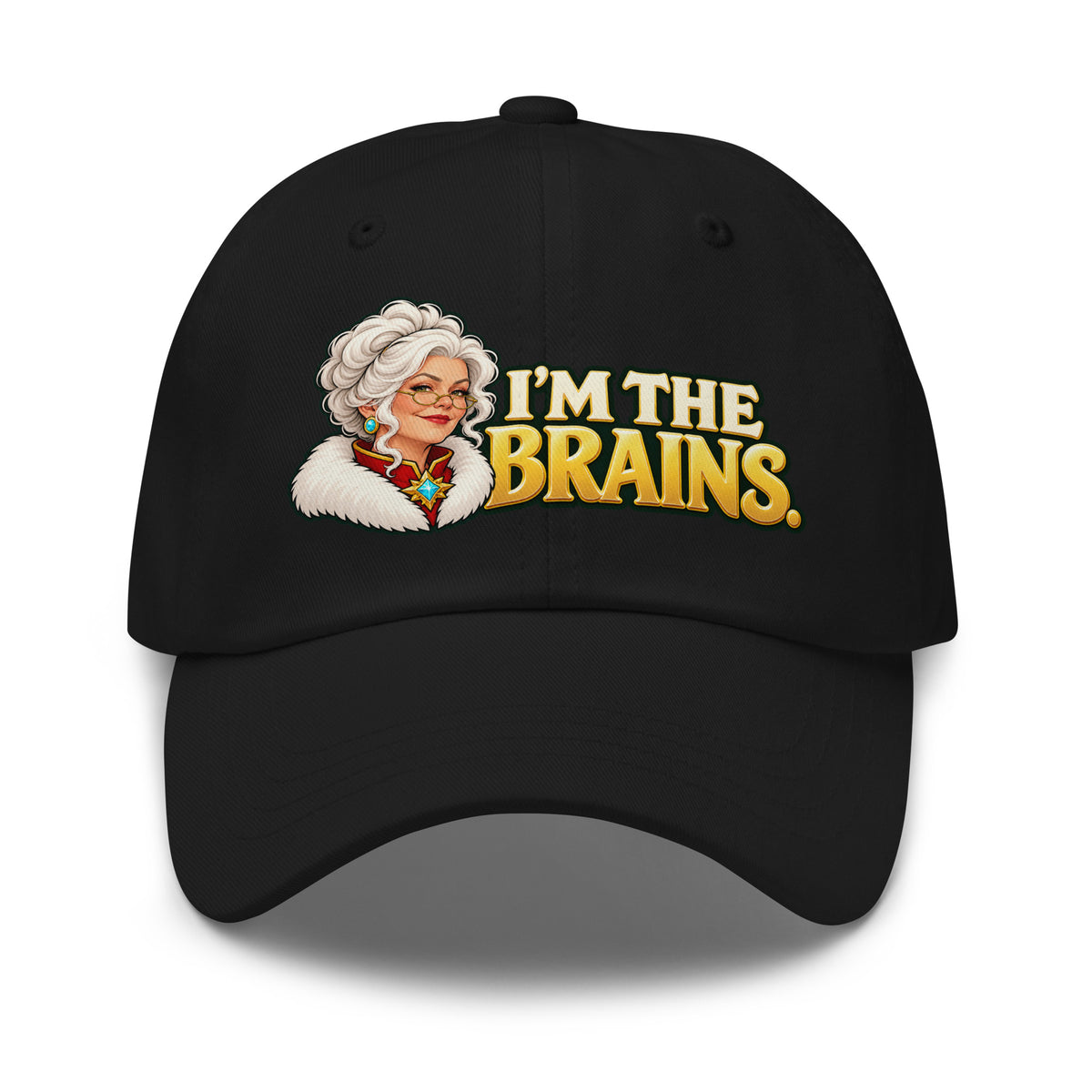 Black Yupoong 6245CM dad hat, front view, with Mrs. Claus and I&