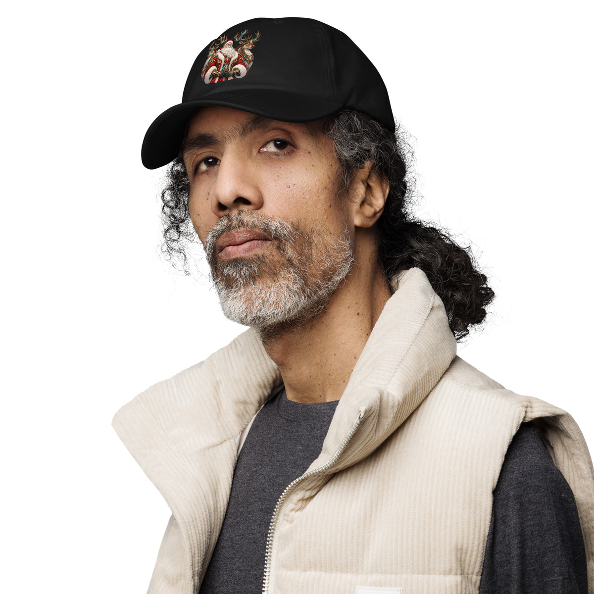 Person wearing the black adjustable dad hat with the Santa & Reindeer Dad Hat Christmas design