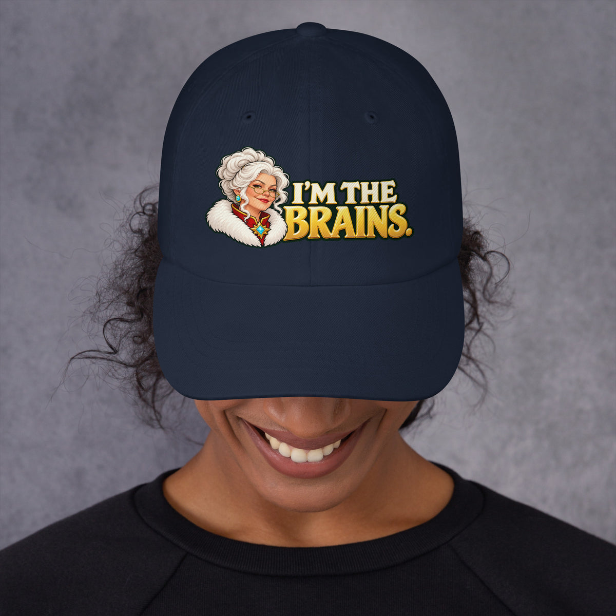 Woman wearing a Navy Yupoong 6245CM dad hat with Mrs. Claus and I&