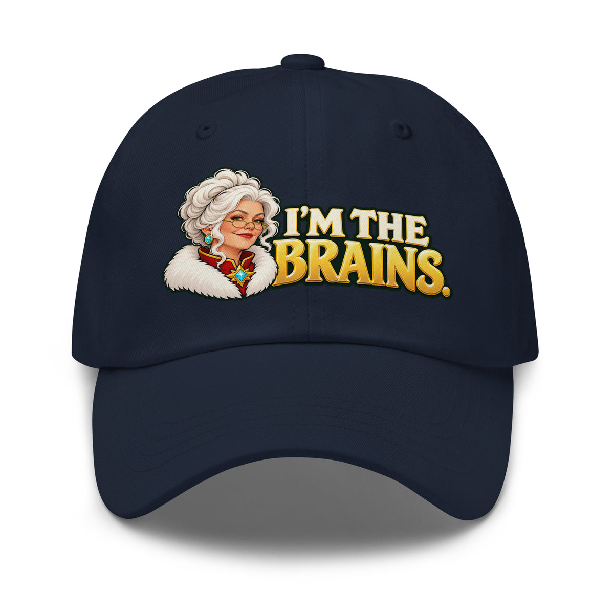 Navy Yupoong 6245CM dad hat, front view, with Mrs. Claus and I&