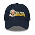 Navy Yupoong 6245CM dad hat, front view, with Mrs. Claus and I&
