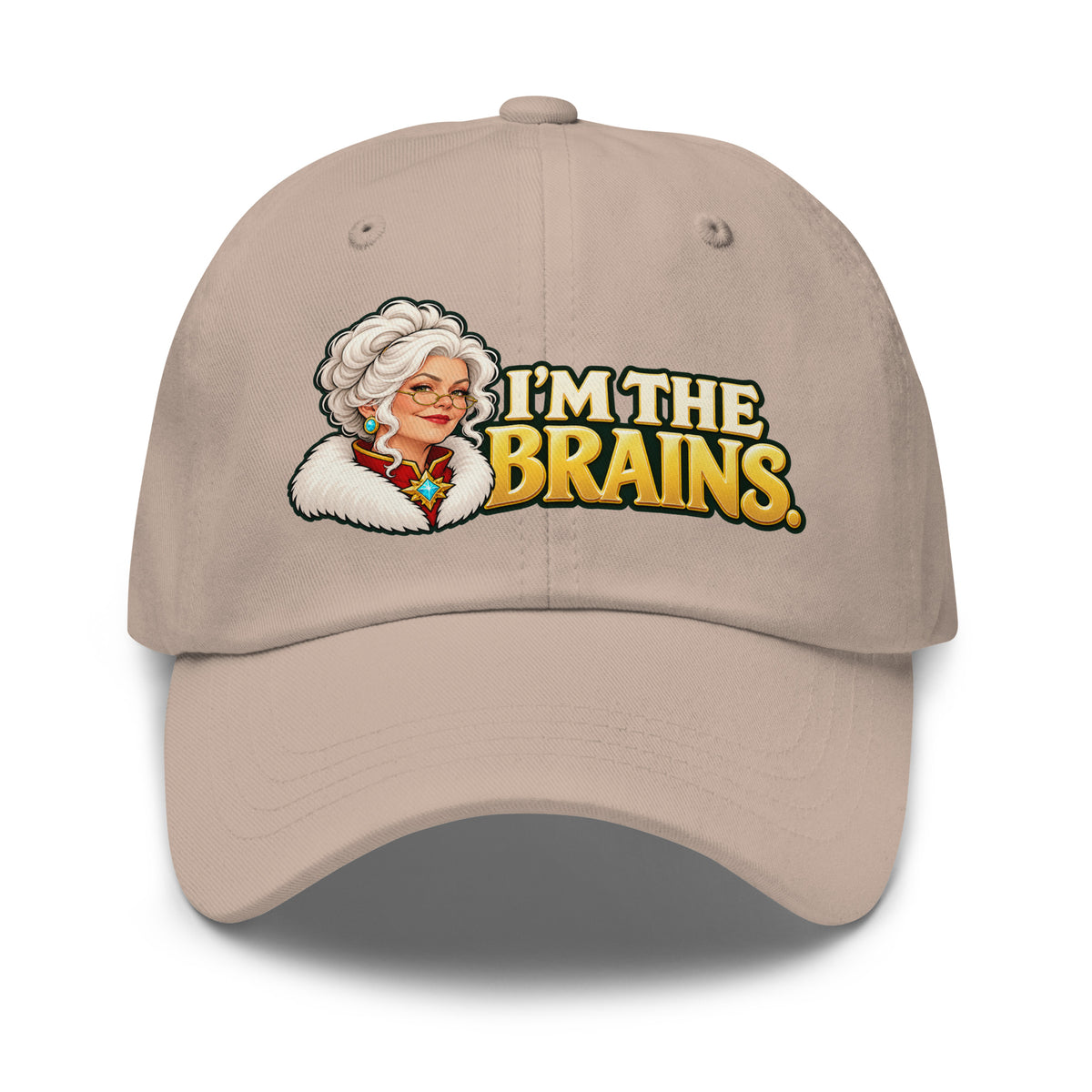 Stone Yupoong 6245CM dad hat, front view, with Mrs. Claus and I&