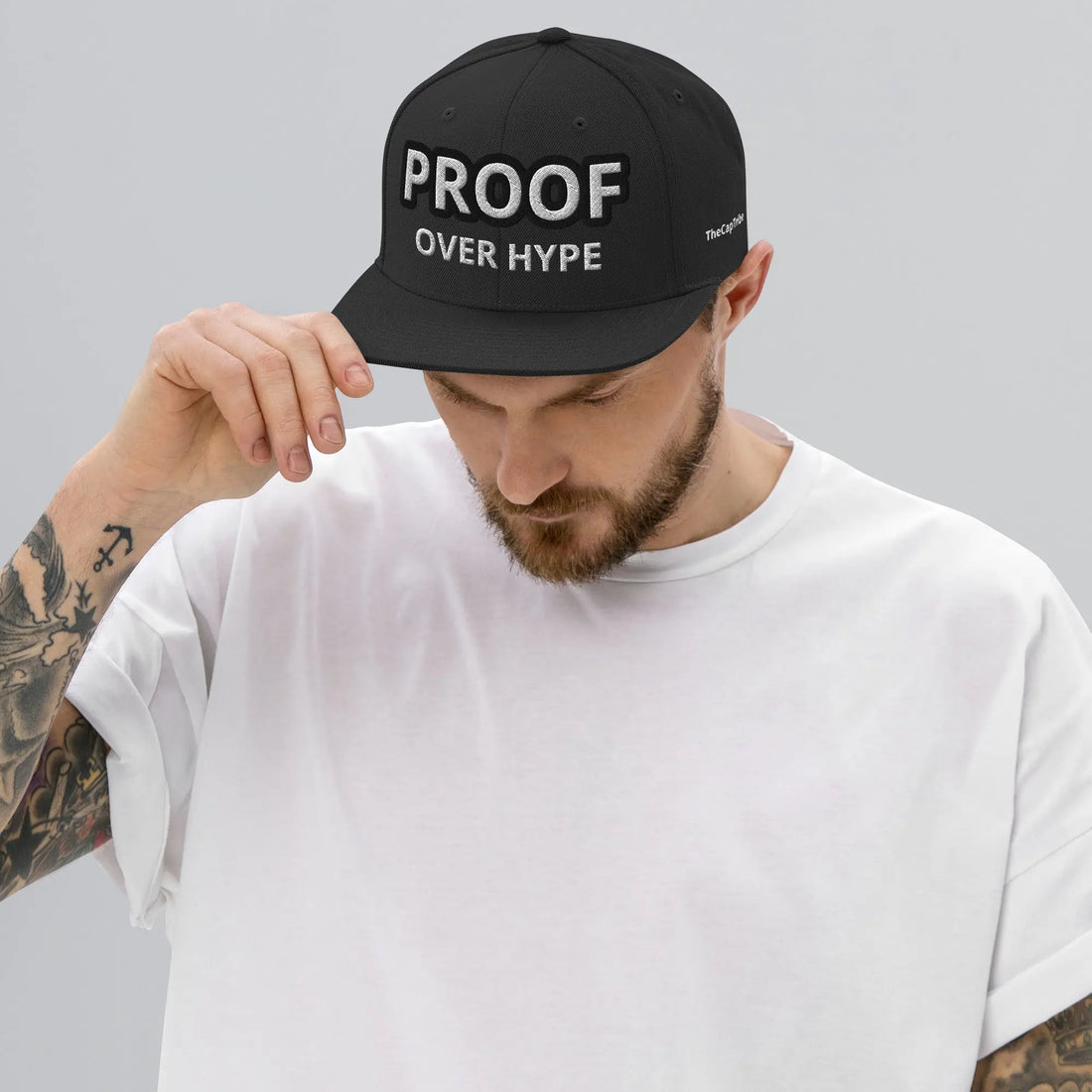 Proof Over Hype snapback hat black front view by TheCapTribe