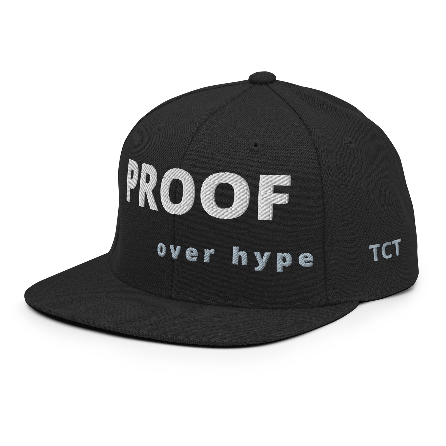 Side view of Proof Over Hype snapback hat – bold embroidery streetwear cap.