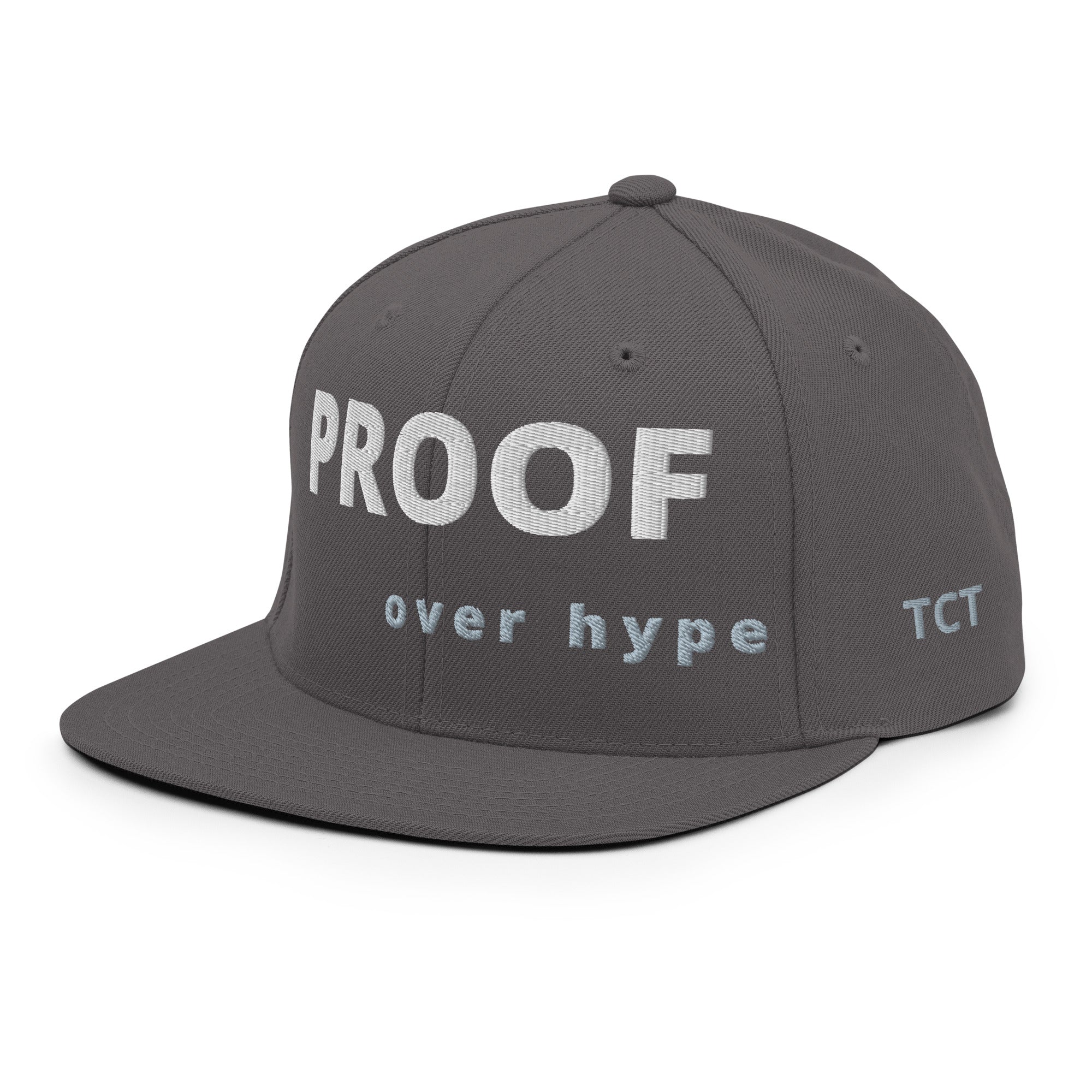 PSide view of Proof Over Hype snapback hat – bold embroidery streetwear cap.roduct mockup