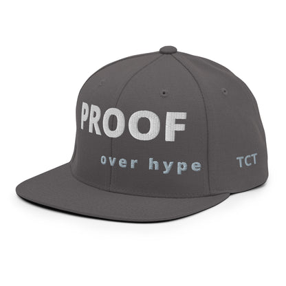 PSide view of Proof Over Hype snapback hat – bold embroidery streetwear cap.roduct mockup