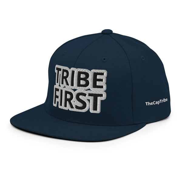 Front view of Tribe First snapback cap by TheCapTribe™, premium black streetwear hat with bold white embroidery