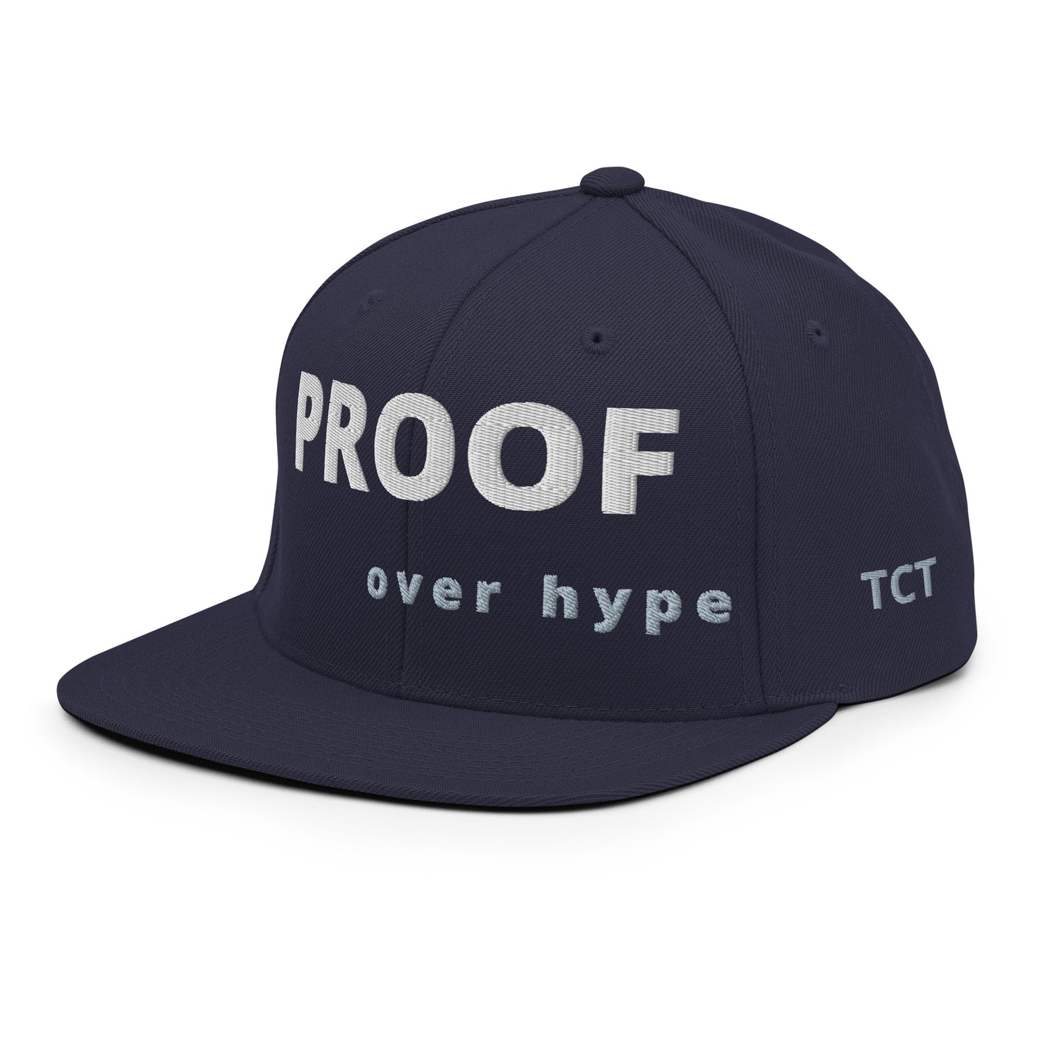 Side view of Proof Over Hype snapback hat – bold embroidery streetwear cap.