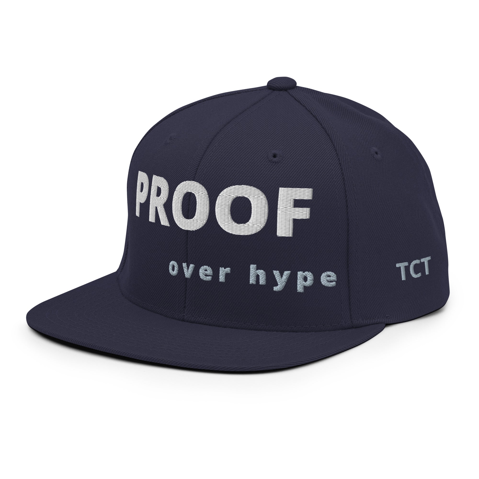 Side view of Proof Over Hype snapback hat – bold embroidery streetwear cap.