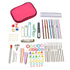 Pink zippered storage case with crochet hooks, needles, stitch markers, measuring tape and scissors.