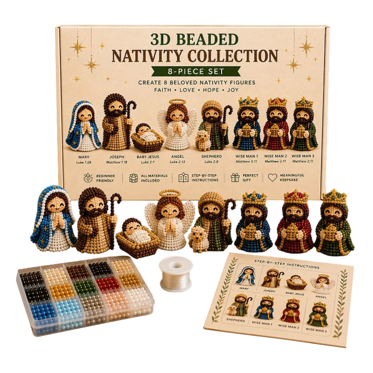 Eight beaded nativity figures with a kit box, bead tray, white thread and instruction booklet on a white background.