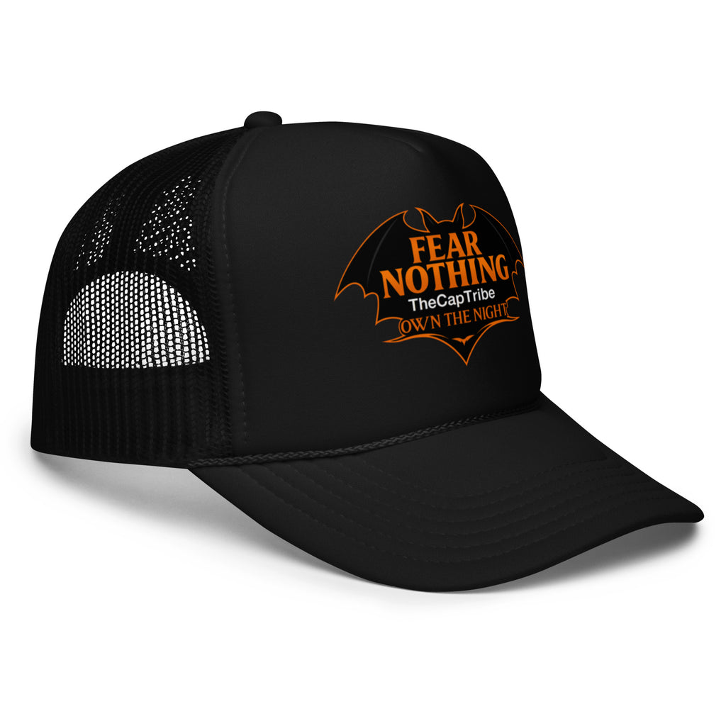 Black snapback cap with metallic pumpkin-orange gothic text Fear Nothing, TheCapTribe™ limited edition.
