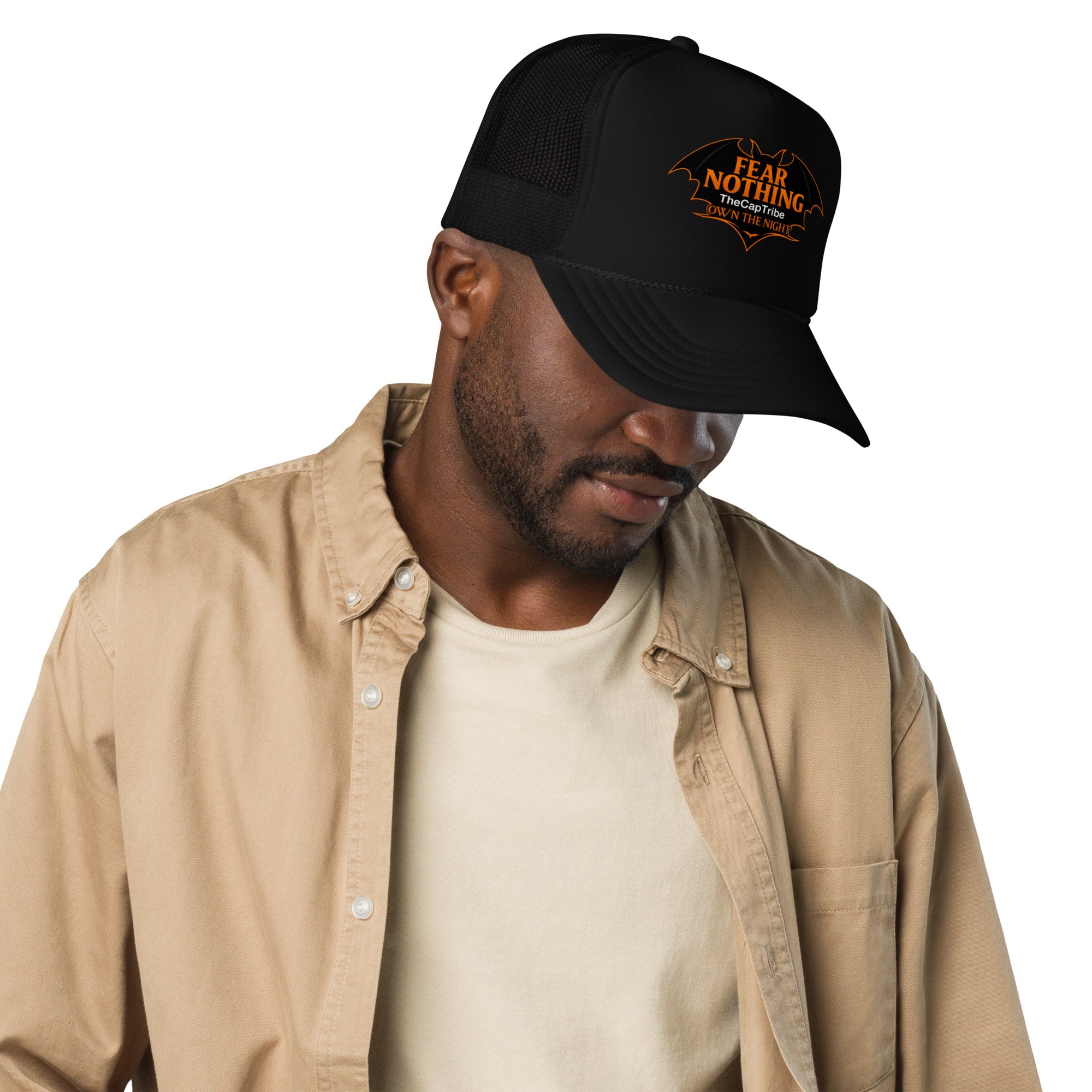 Black snapback cap with metallic pumpkin-orange gothic text Fear Nothing, TheCapTribe™ limited edition.
