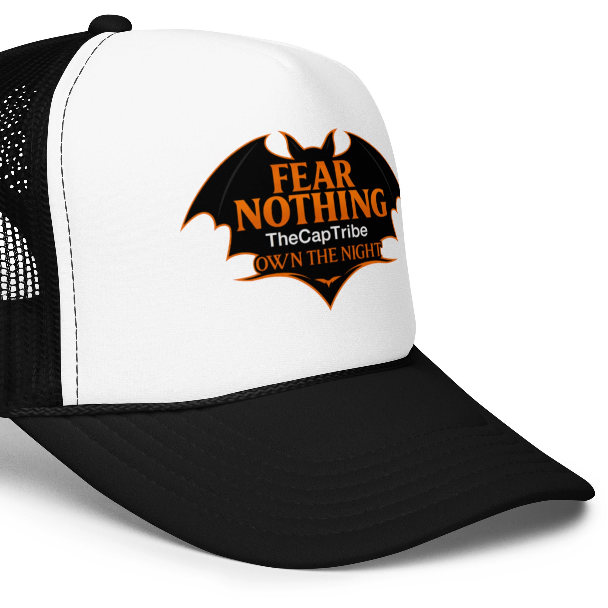 Black snapback cap with metallic pumpkin-orange gothic text Fear Nothing, TheCapTribe™ limited edition.
