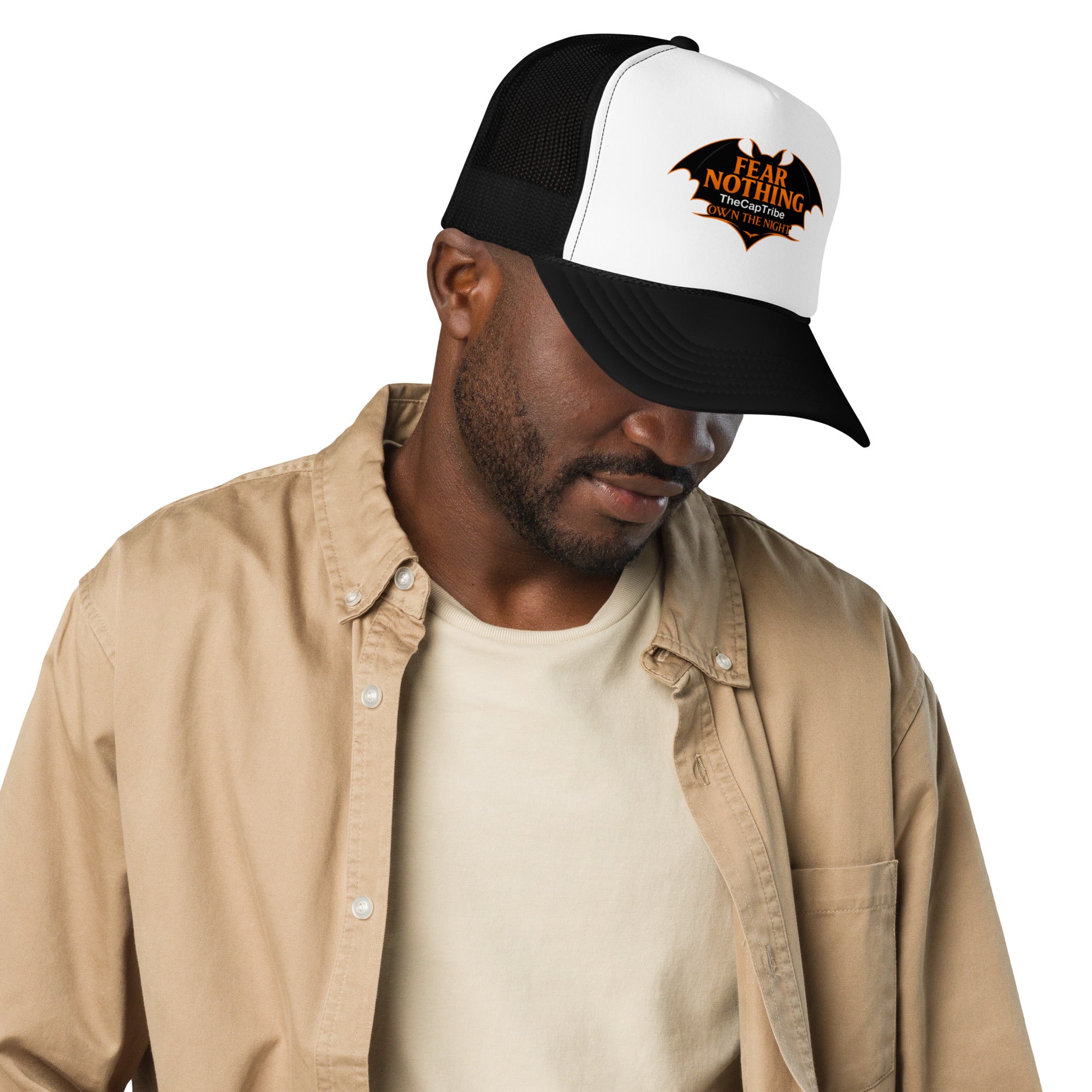 Black snapback cap with metallic pumpkin-orange gothic text Fear Nothing, TheCapTribe™ limited edition.
