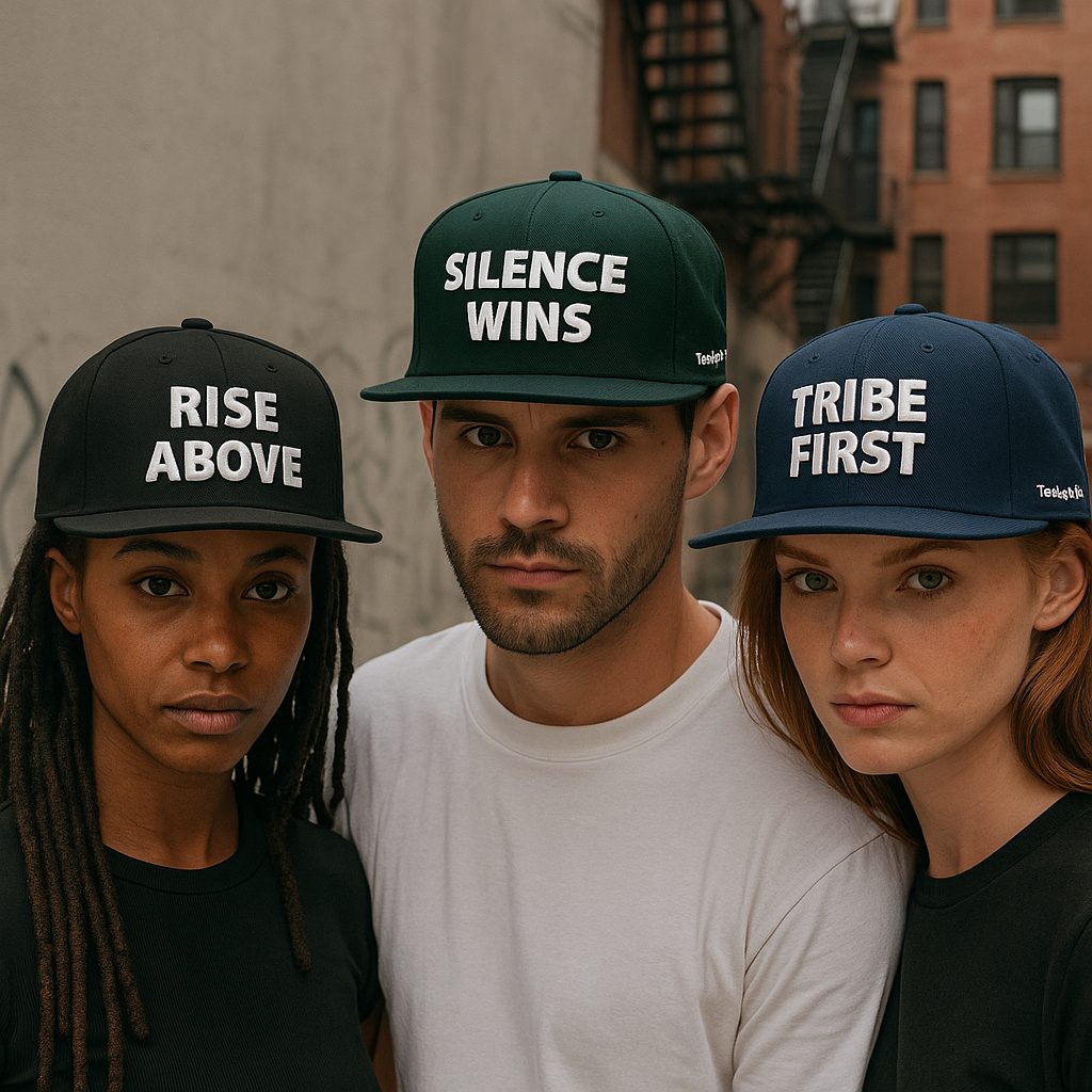Three models wearing "Silence Wins" caps in different colors (black, gray, navy), streetwear style.