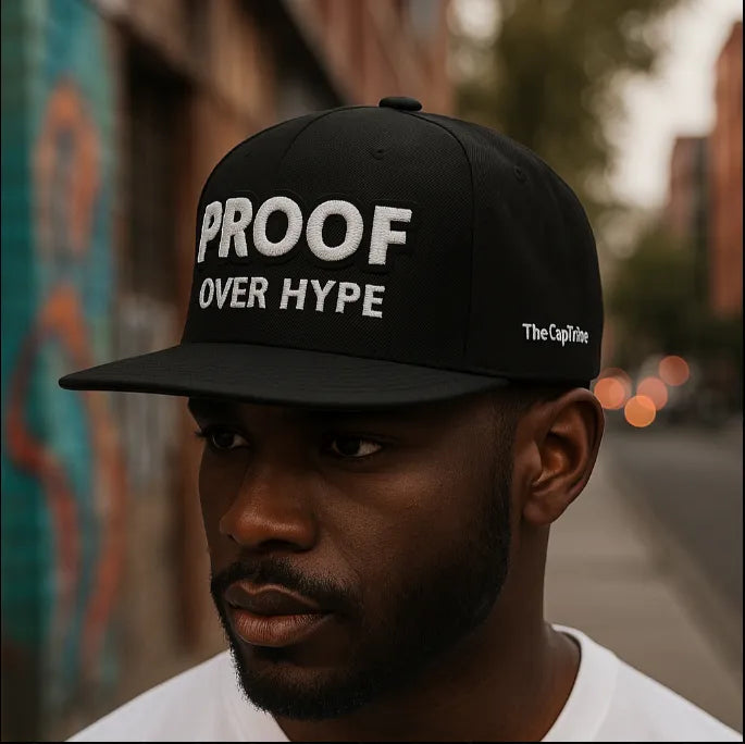 Close-up portrait of a man wearing a black "Proof Over Hype" cap from TheCapTribe.