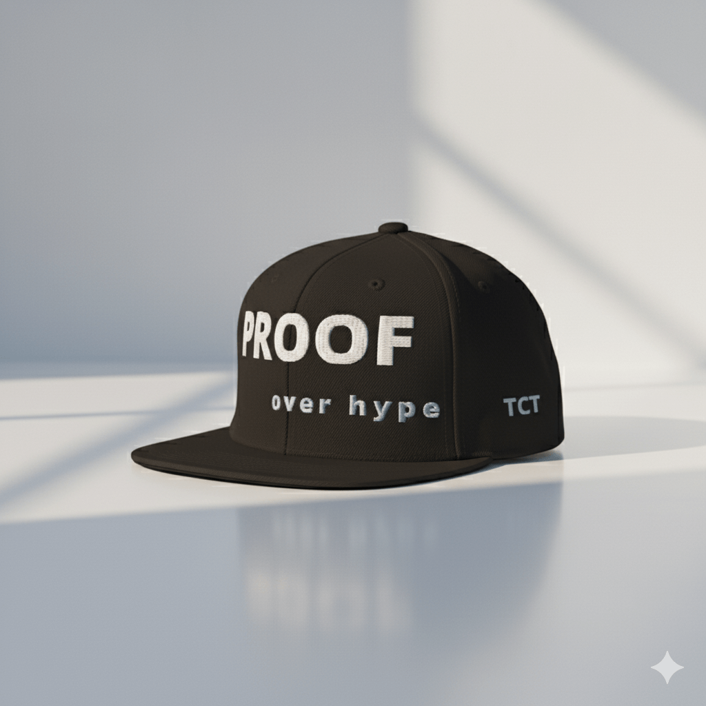 Front studio view of Proof Over Hype snapback hat by TheCapTribe™, premium streetwear cap.