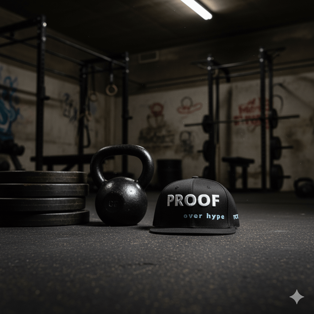 Proof Over Hype snapback hat by TheCapTribe™ placed in gym environment with kettlebells.