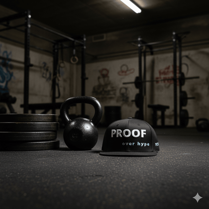 Proof Over Hype snapback hat by TheCapTribe™ placed in gym environment with kettlebells.